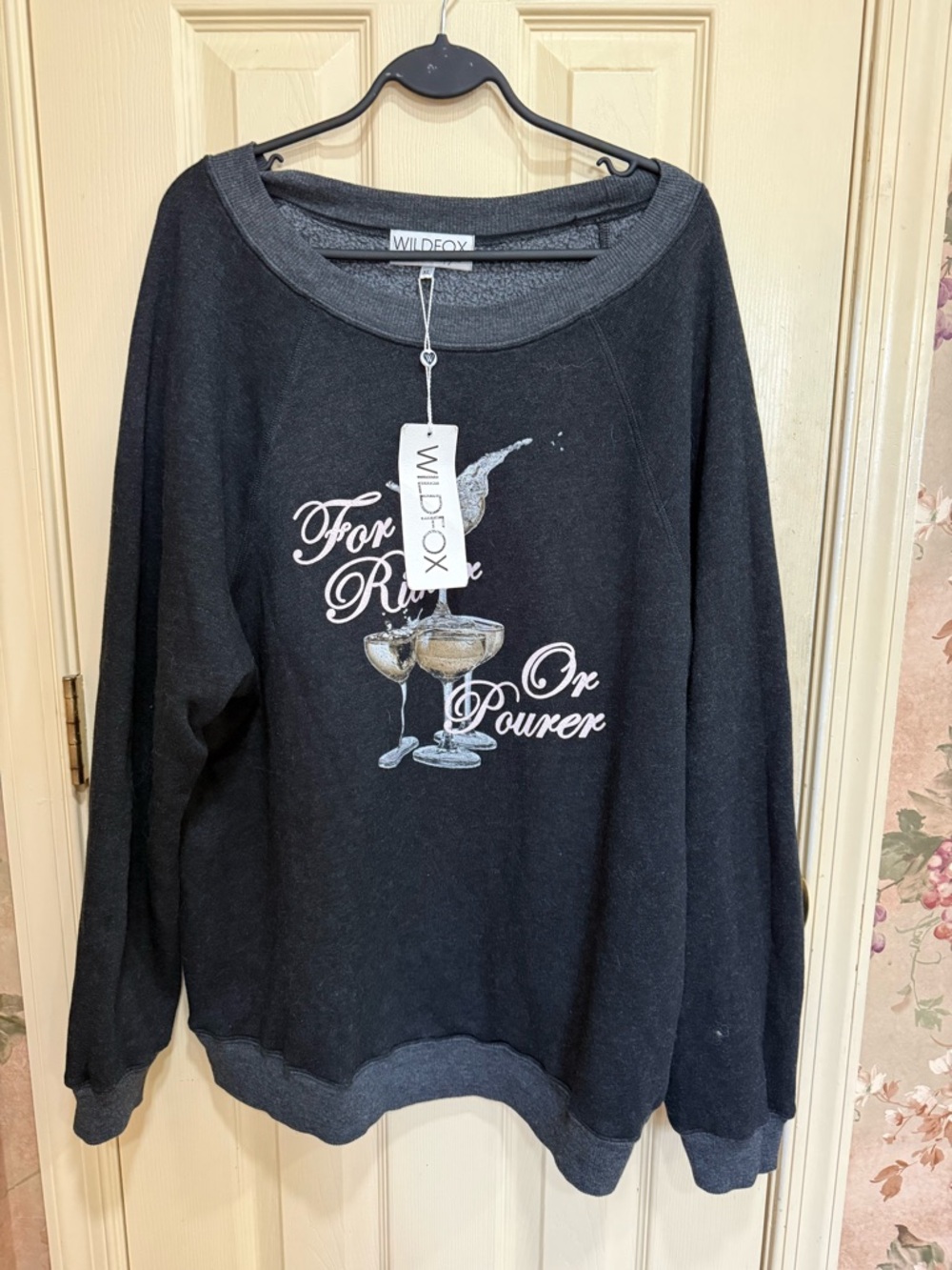 Wildfox Black Graphic Crewneck Sweatshirt with Champagne Motif